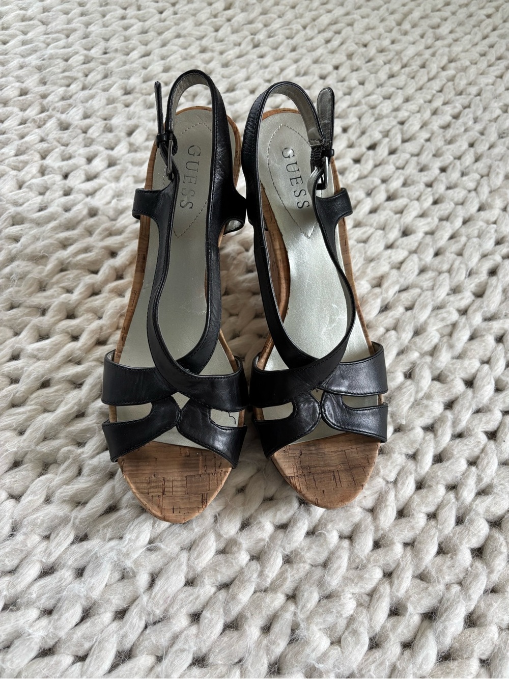 GUESS Black Leather Cork Wedge Slingbacks